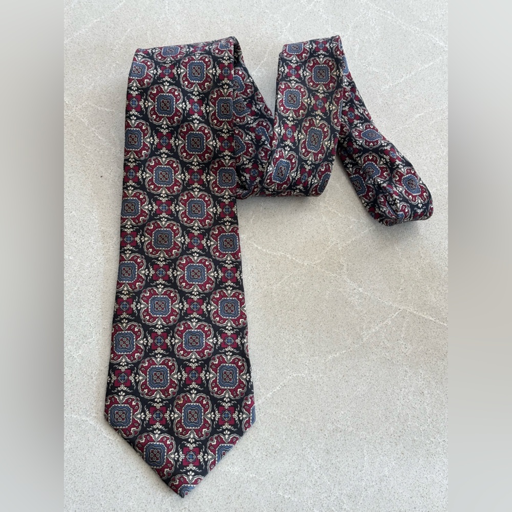 The Custom Shop Patterned Tie Red and Blue Vintage 100% Silk Handmade in the USA